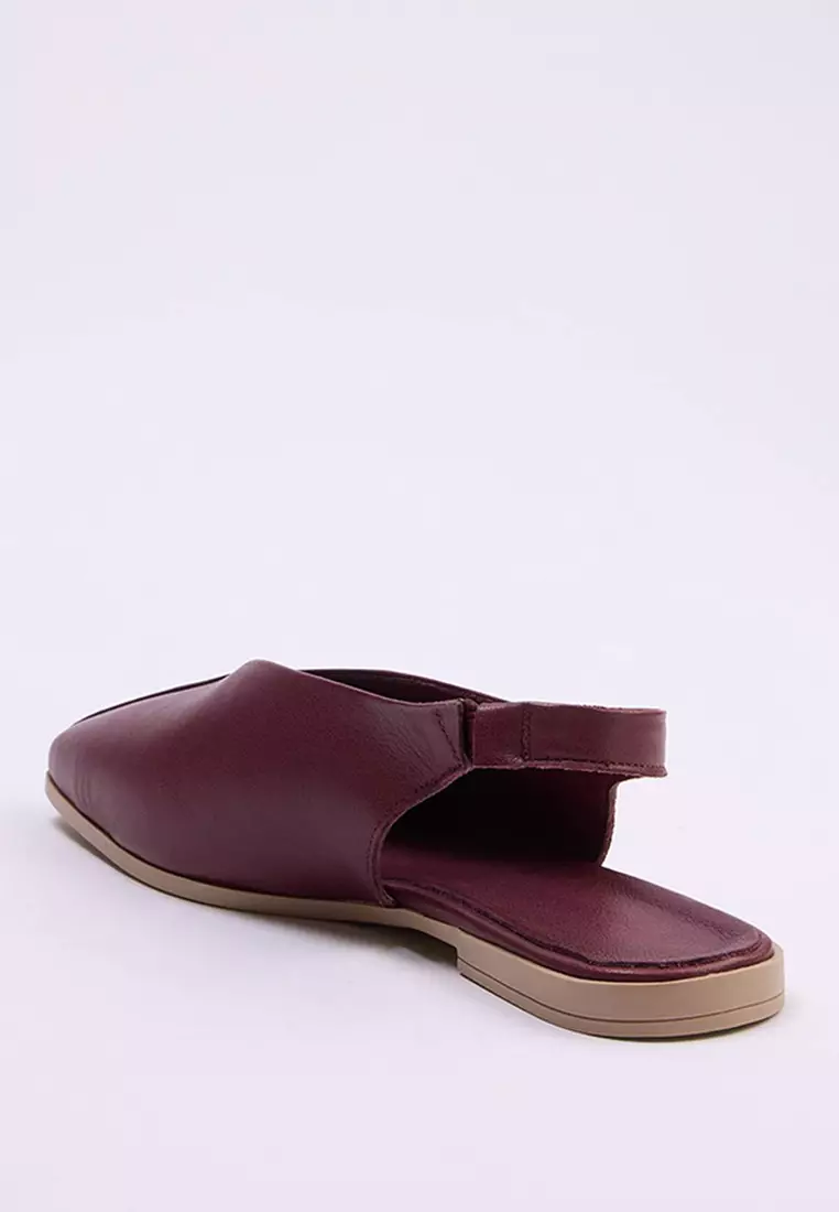 Burgundy Genuine Leather Open Back Square Toe Women'S Ballerinas Takss25Be00018