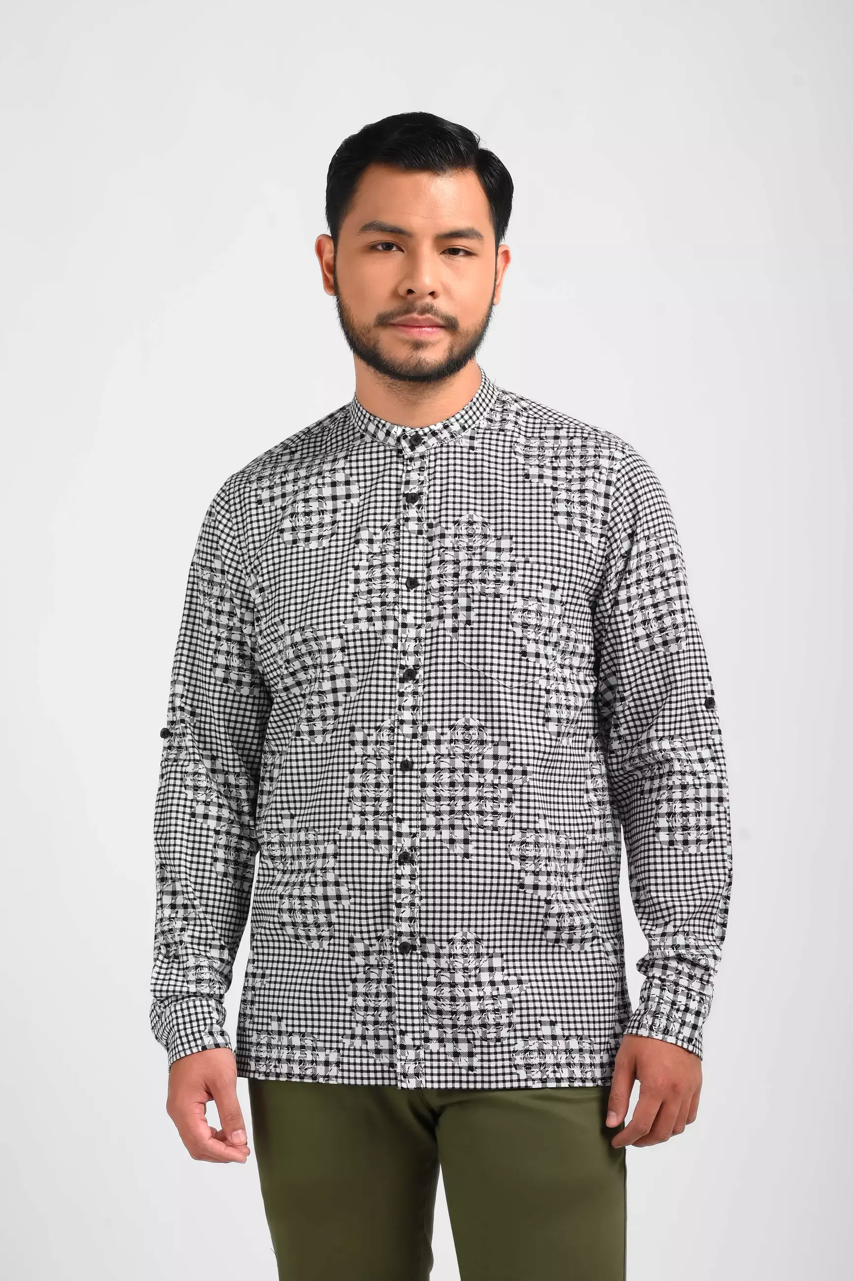 MANZONE Kemeja Shanghai Pria Lengan Panjang Pria ARYAN - White Blue Warna WHITE BLACK