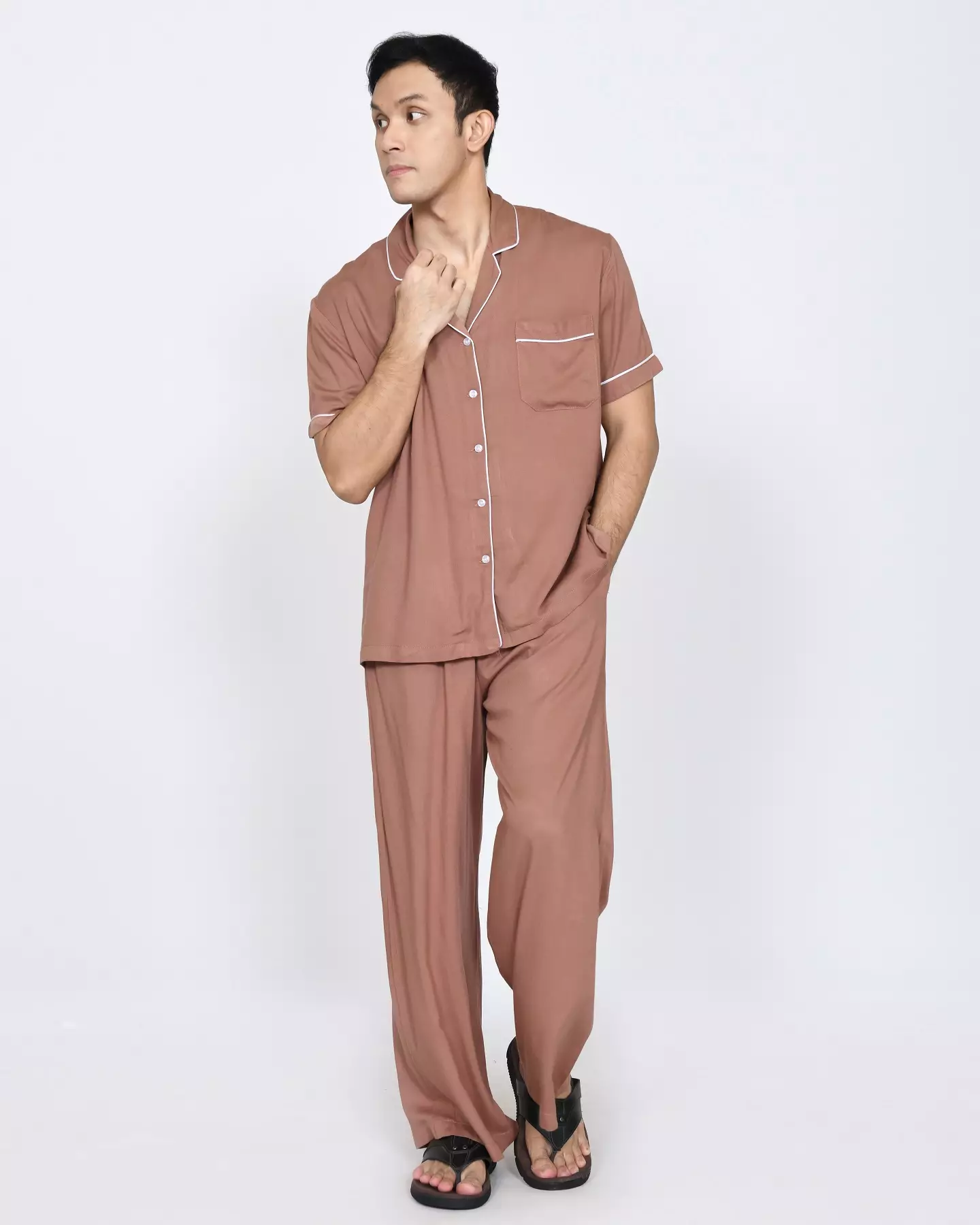 Set Piyama Cotton Riu Setelan Baju Tidur Pria COKLAT FREE SLIP ON