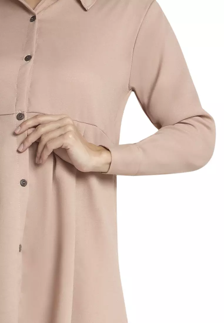 Catren Mini Dress Wanita Lengan Panjang Motif Solid Design Kasual Regular Fit - Mocca