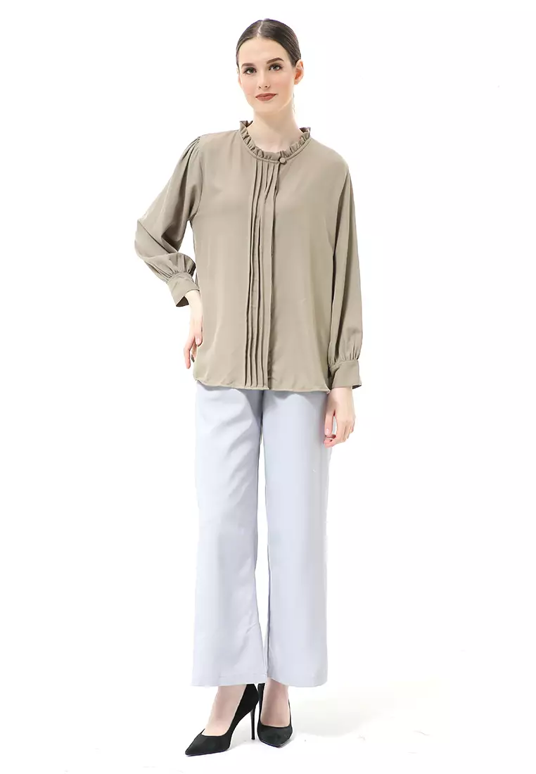 Vionka Kemeja Atasan Wanita Opnaisel Motif Polos - Army