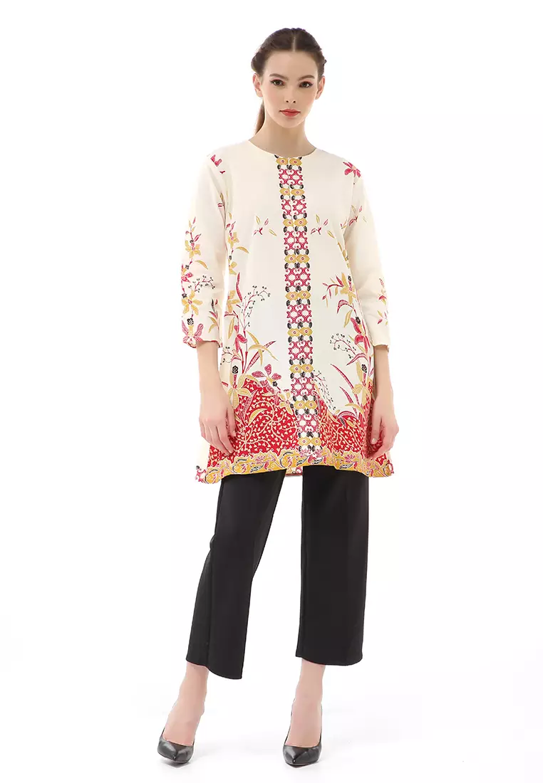 Olaf Atasan Batik Wanita Tunik Traditional Motive Simple Design Material Cotton ORIGINAL - White Red