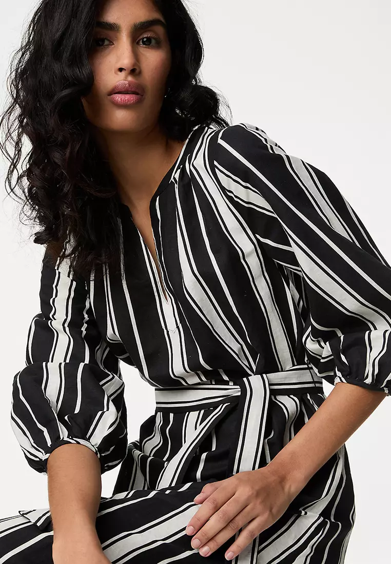 Linen Rich V-Neck Belted Maxi Column Dress