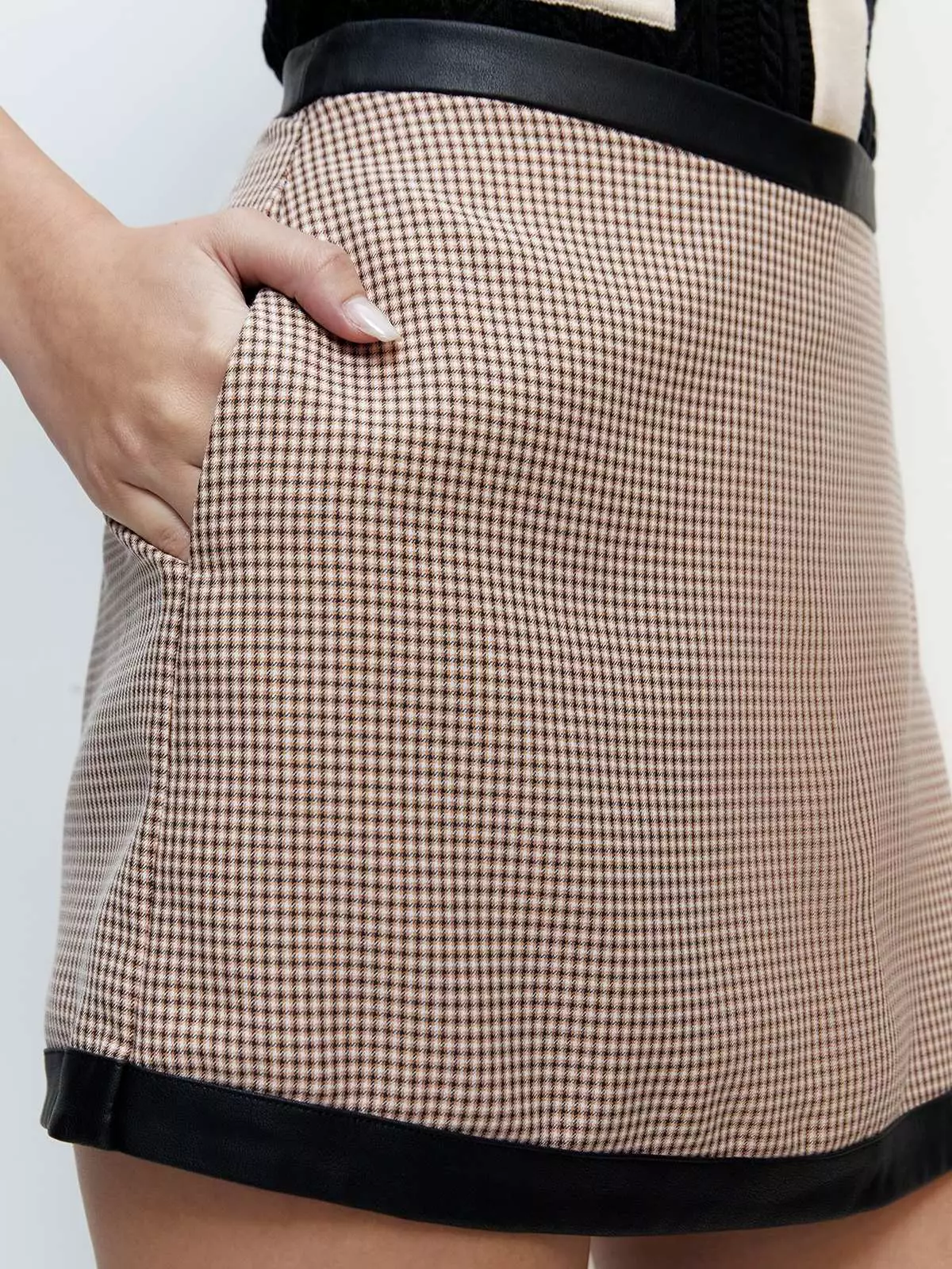Leather Trim Mini Skirt - Brown