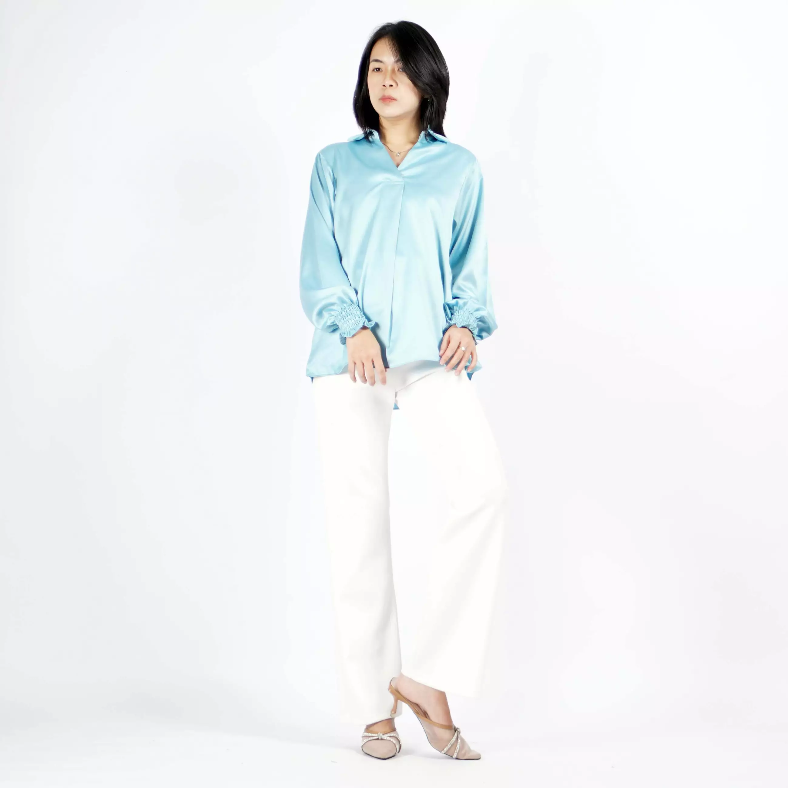  SAFIRE Top Satin Blouse Satin Gaya Korea Blus Elegan Krah V - Mint