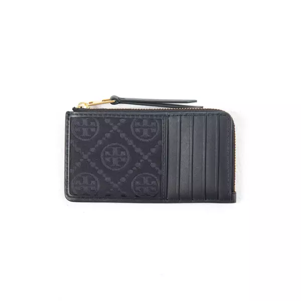 Dompet TORY BURCH MONOGRAM JACQUARD ALL BLACK ZIP CARD WALLET 100% ORIGINAL