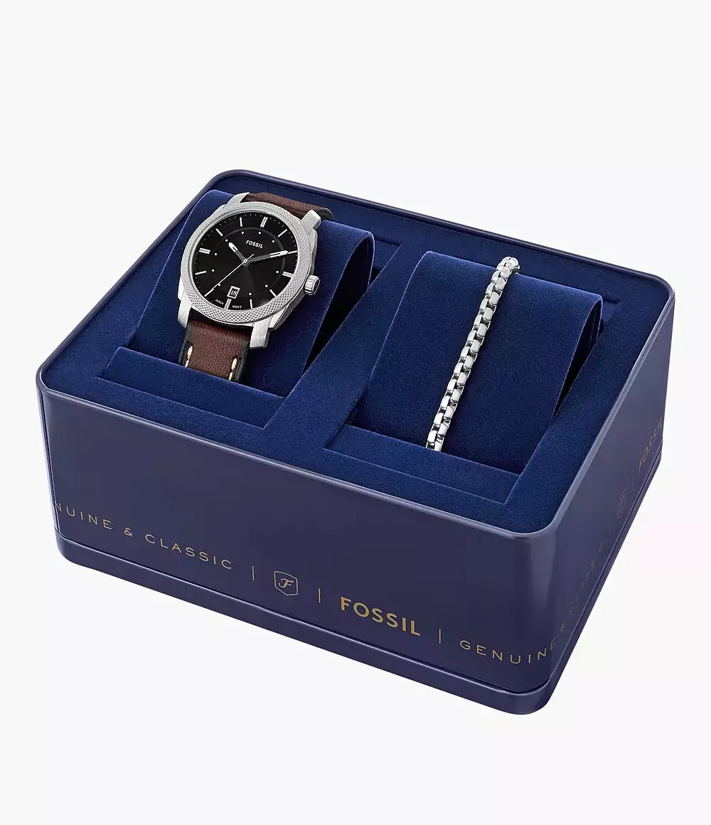 Fossil Machine Brown Leather Watch Bracelet Set Jam Pria 42MM FS6081SET