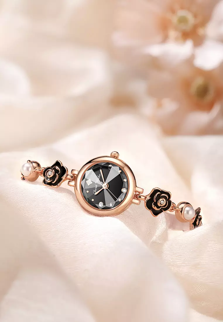 Jam Tangan Wanita Original Anti Air Tali Gelang Bunga-Bunga Korea Fashionn Jam Tangan Cewek black