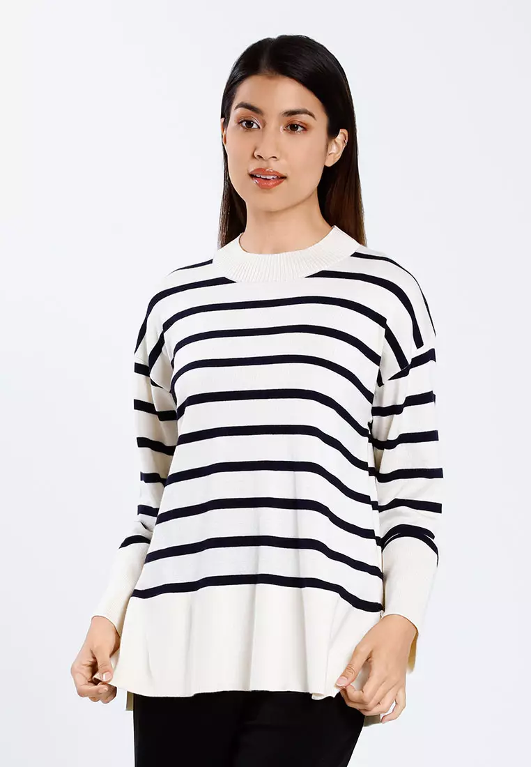 Forest Ladies Striped Knit Top Women Long Sleeve Knitted Sweater | Baju Perempuan Lengan Panjang - 822446-15Beige