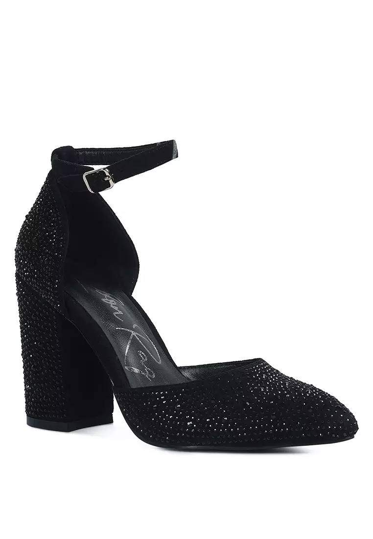 Black diamante block heels discount