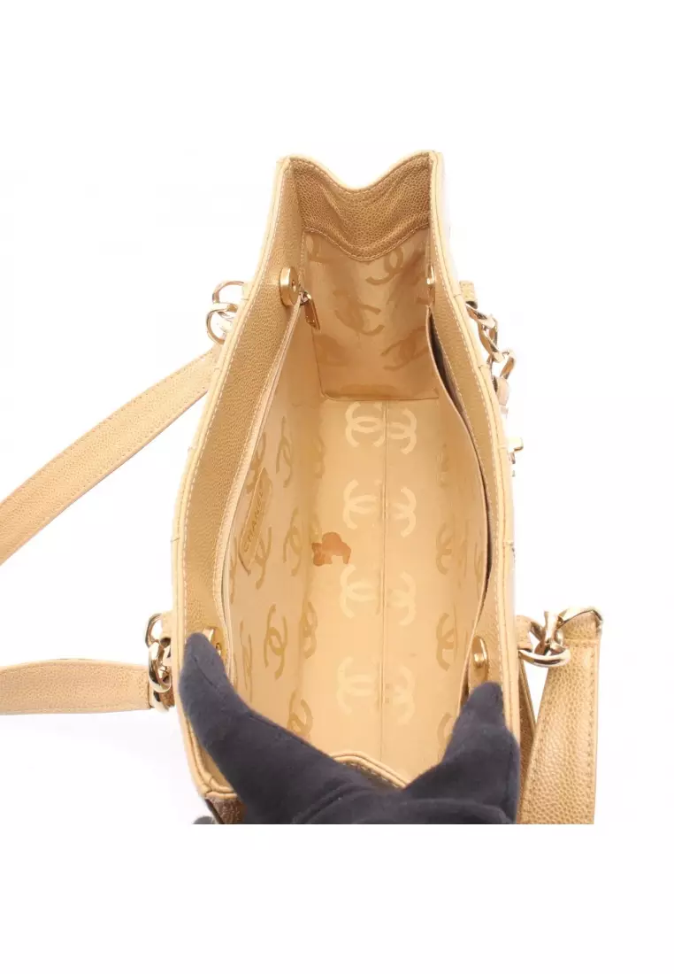 Pre-Loved Chanel chocolate bar chain shoulder bag chain tote bag Caviar skin beige gold hardware