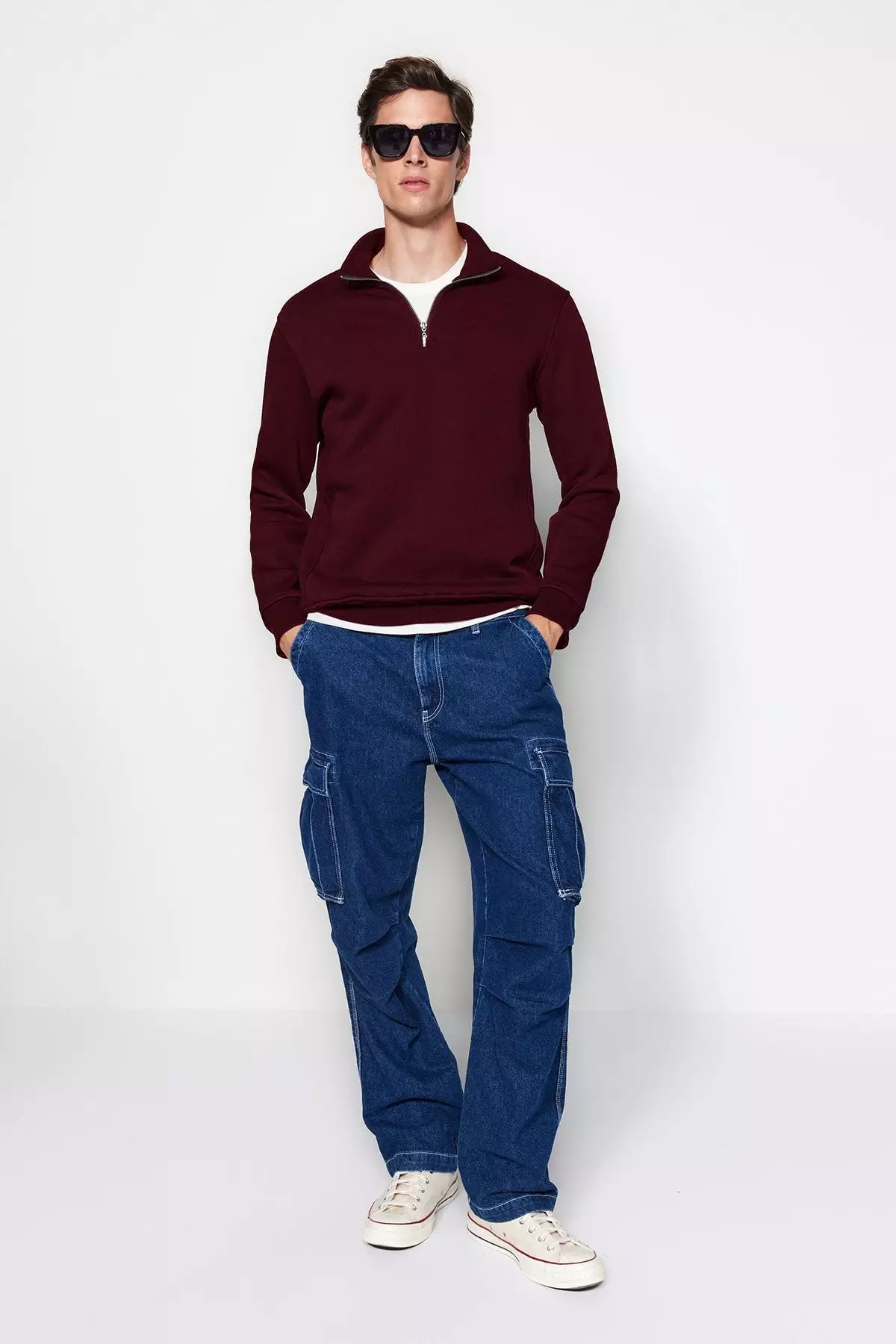 Claret Red Regular/Normal Cut Stand Collar Zippered Inside Polar Fleece/Warm Basic Sweatshirt Tmnaw24Sw00041