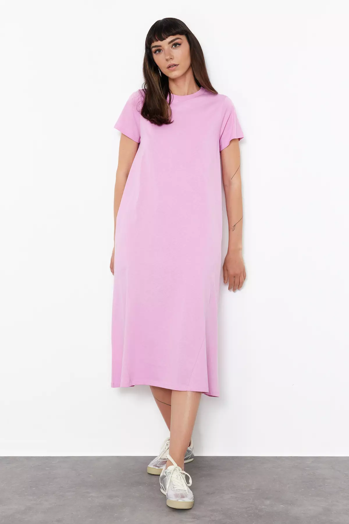 Pink Midi Knitted Dress Plain T Shirt Pocket