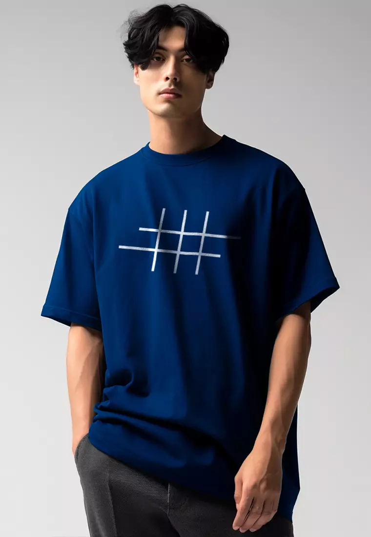 MTQ42 kaos oversize tebal bahan scuba distro pria aesthetic garis tictactoe navy