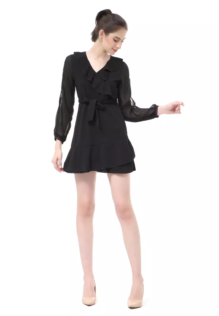 Rachel Sexy Dress Wanita Lengan Panjang Terbelah Model Tali Pinggang Stylish Material Polyester ORIGINAL - Black