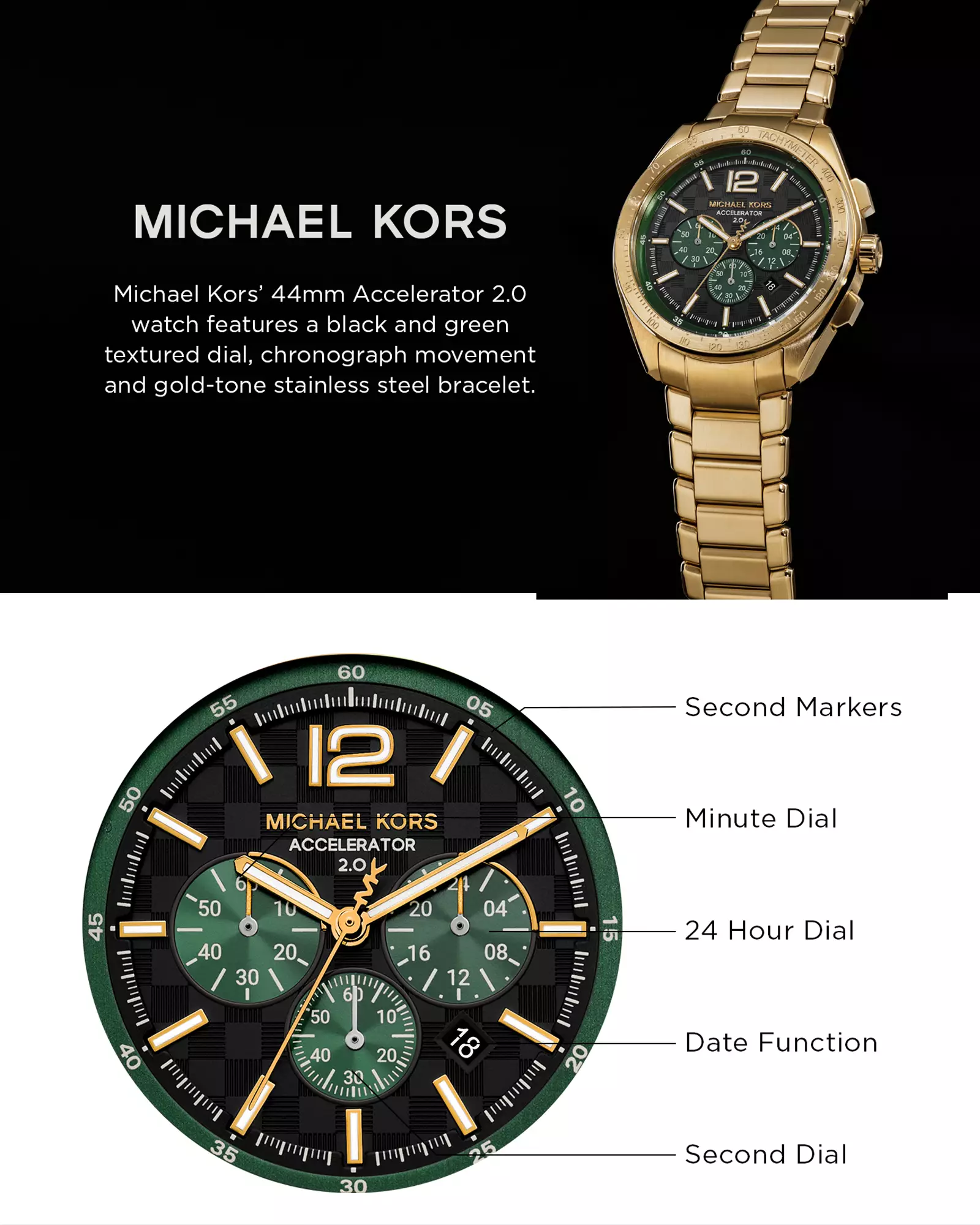 Michael Kors Men's Accelerator 2 Chronograph Watch ( MK9177 ) - Quartz, Gold Case, Round Dial, 22 MM Gold Stainless Steel Band