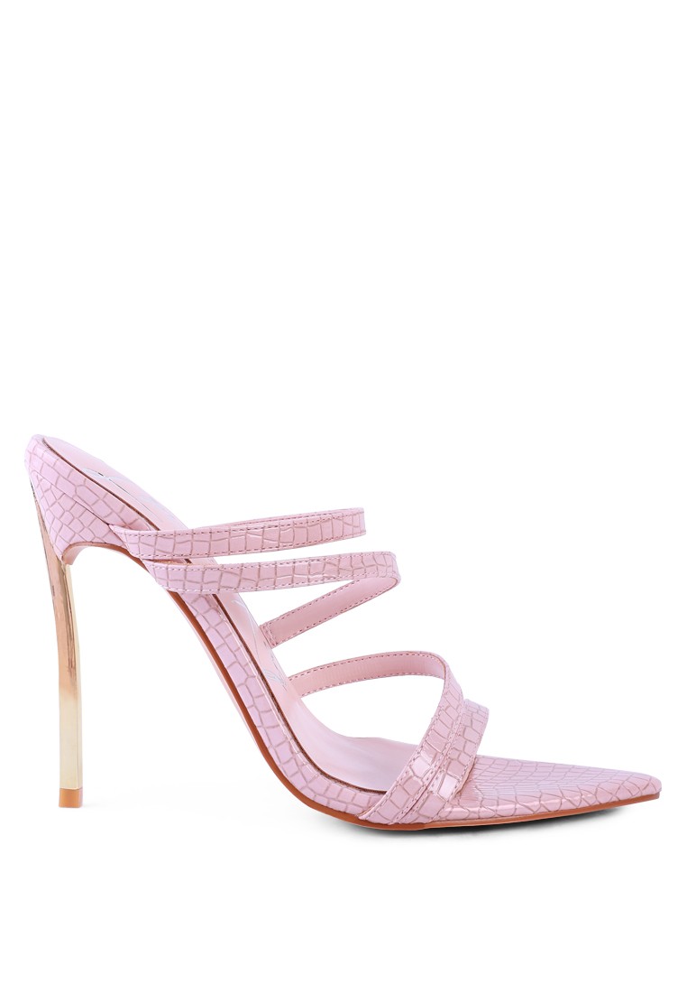 Pink Pointed Croc Textured High Heeled Sandals