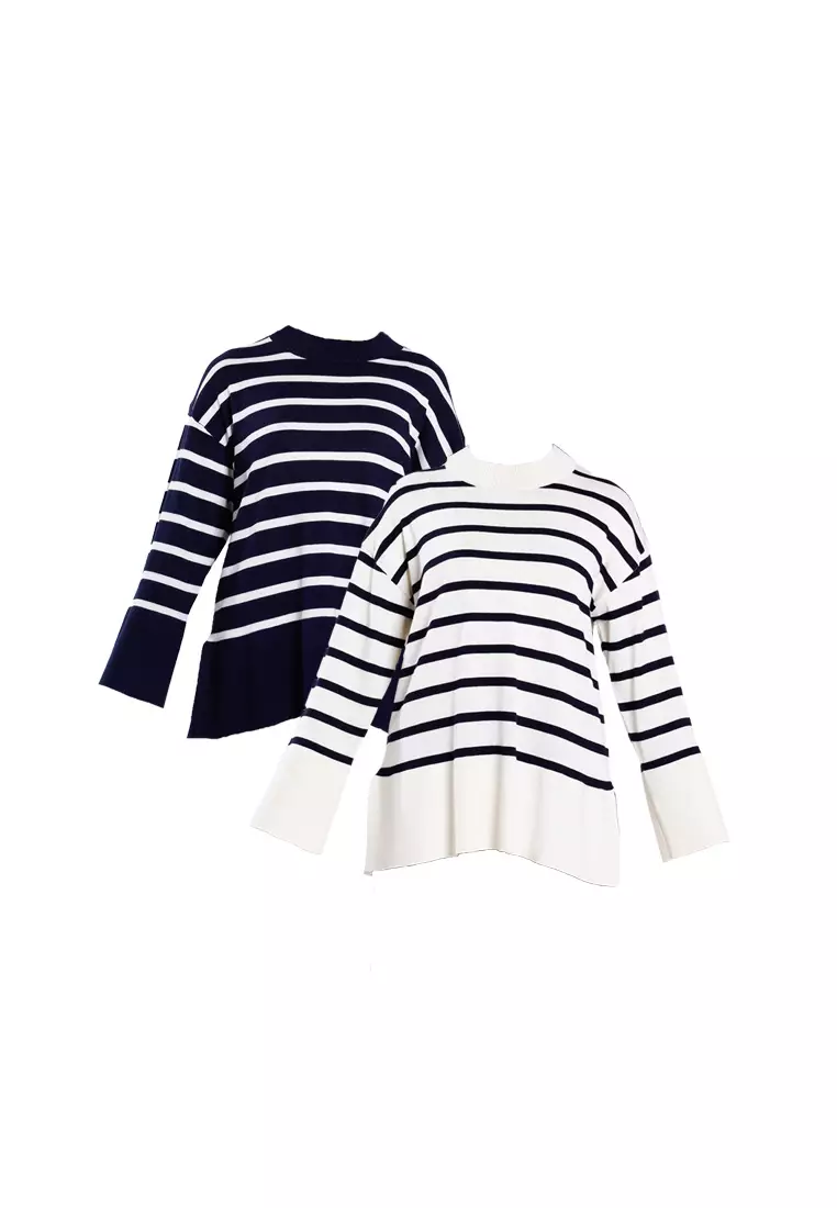 Forest Ladies Striped Knit Top Women Long Sleeve Knitted Sweater | Baju Perempuan Lengan Panjang - 822446-15Beige