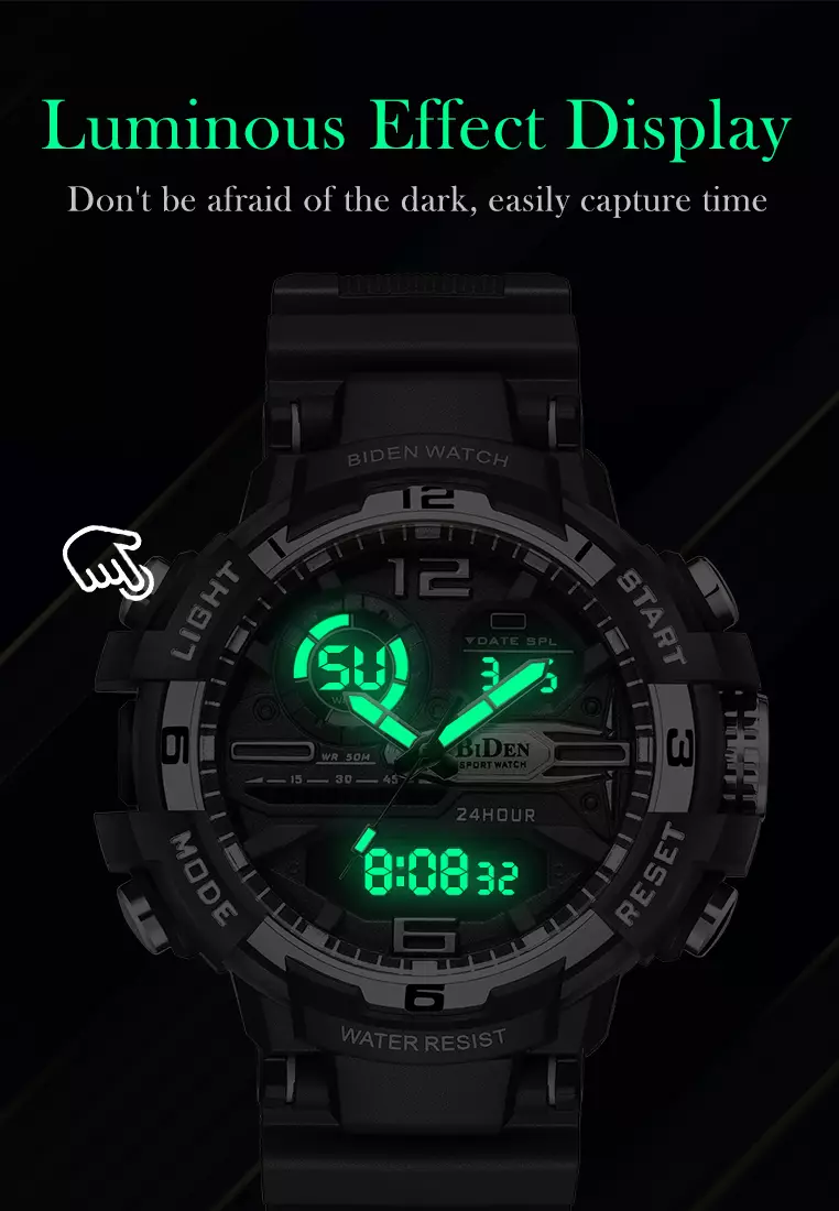 Jam Tangan Pria Digital&Analog Olahraga Pria Tahan Air Luminous Jam Tali Silikon Warna Emas