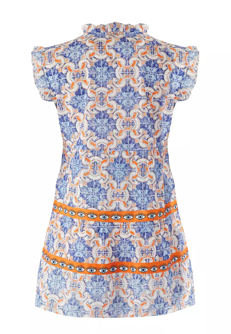 Geometric Patterned Woven Ruffle Detailed 100% Cotton Beach Dress TBESS25EL00140