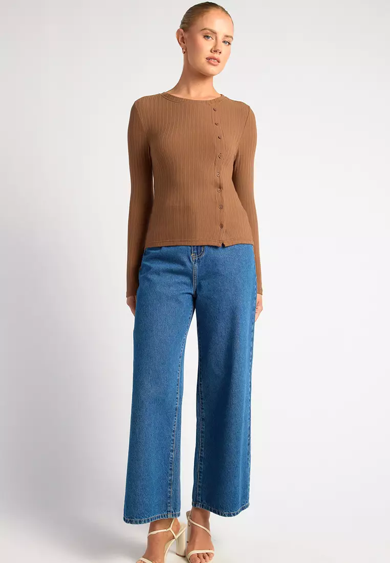 Asymmetric Button Up Long Sleeves Jersey Top