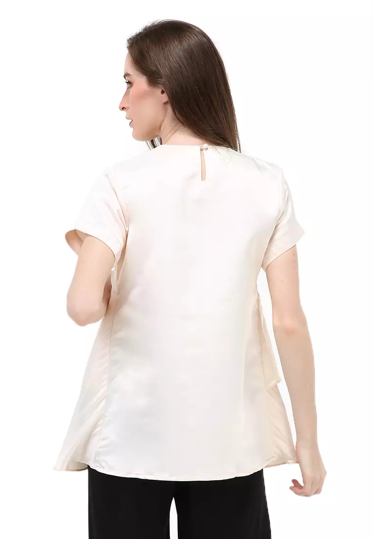 Kailah Blouse Short Sleeves Wanita Motif Polos Atasan Casual - Cream
