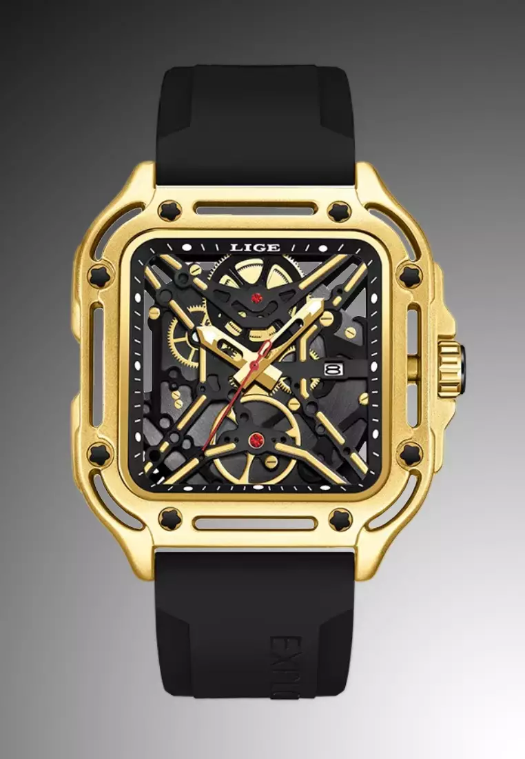 Unisex See Through Dial Square Quartz Watch 45mm, Black Rubber Strap