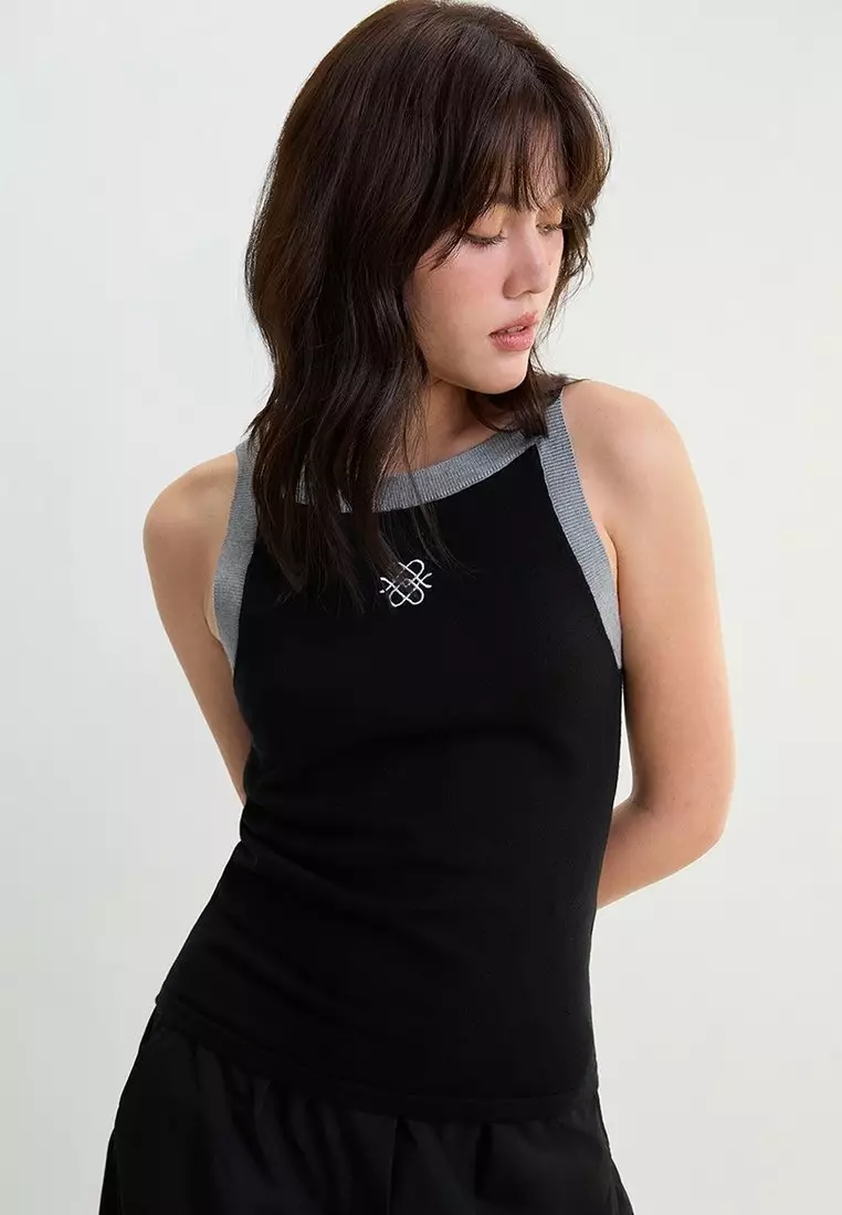 Contrast Trim Knit Tank Top - Black