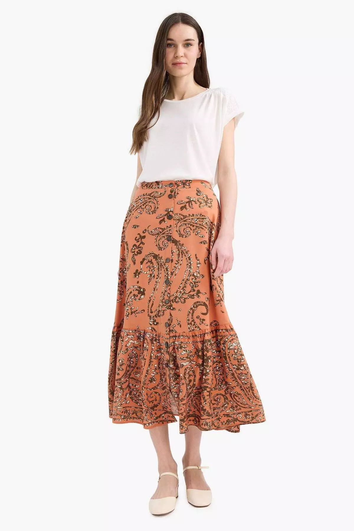 Regular Fit Elastic Waist Patterned Midi Skirt F1158Ax25Sm