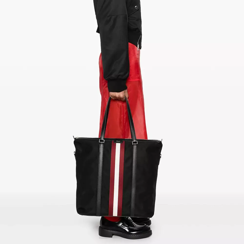 Code Zip Tote Bag Nylon and Calfskin Leather Black Red