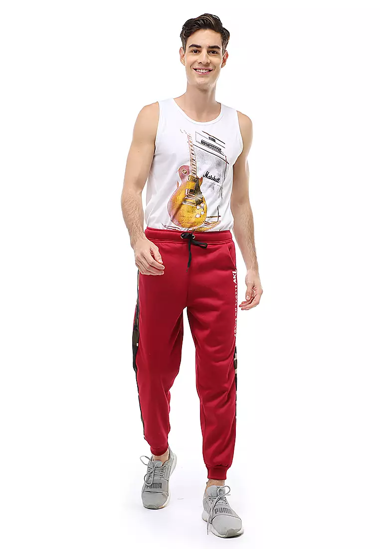 Locko Long Pants Celana Jogger Pria Kombinasi List Army Material Fleece ORIGINAL - Maroon