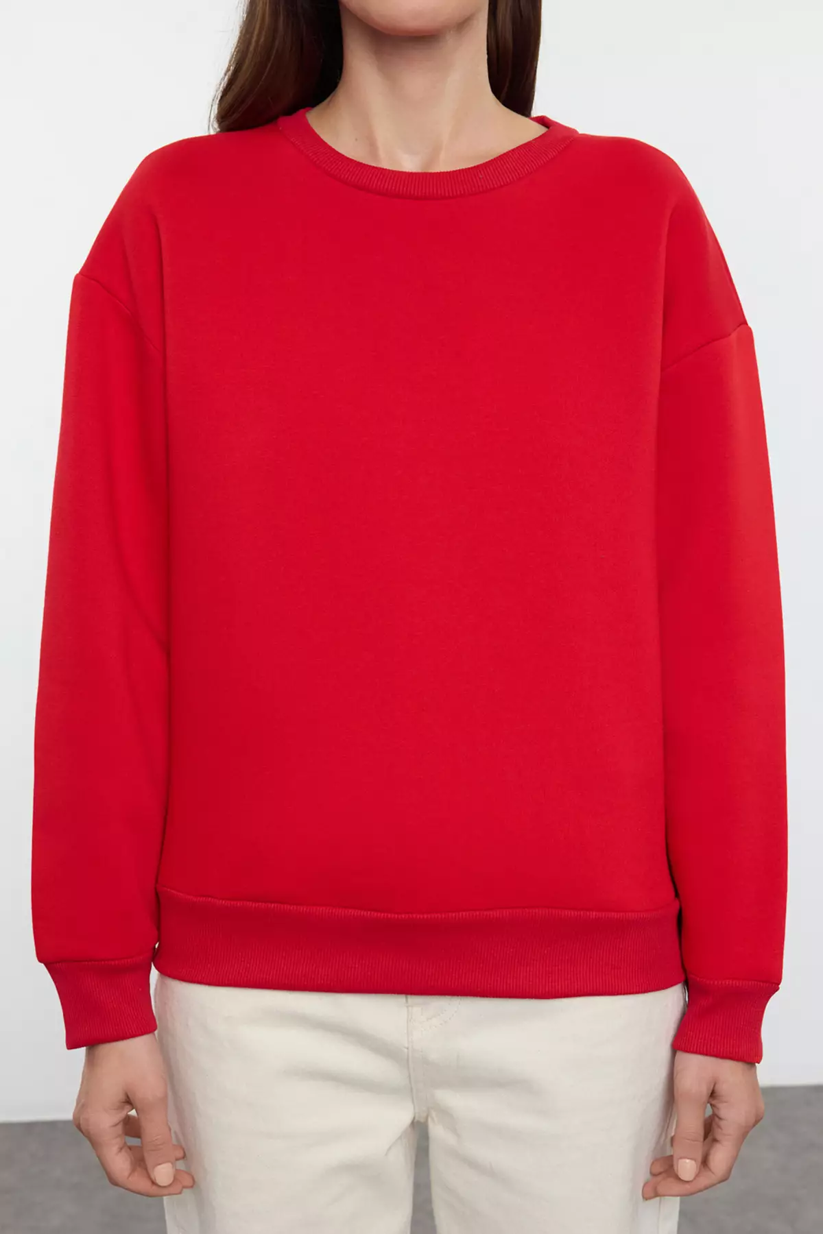 Red Thick Fleece Inside Regular/Normal Fit Crew Neck Basic Knitted Sweatshirt TWOAW24SW00101