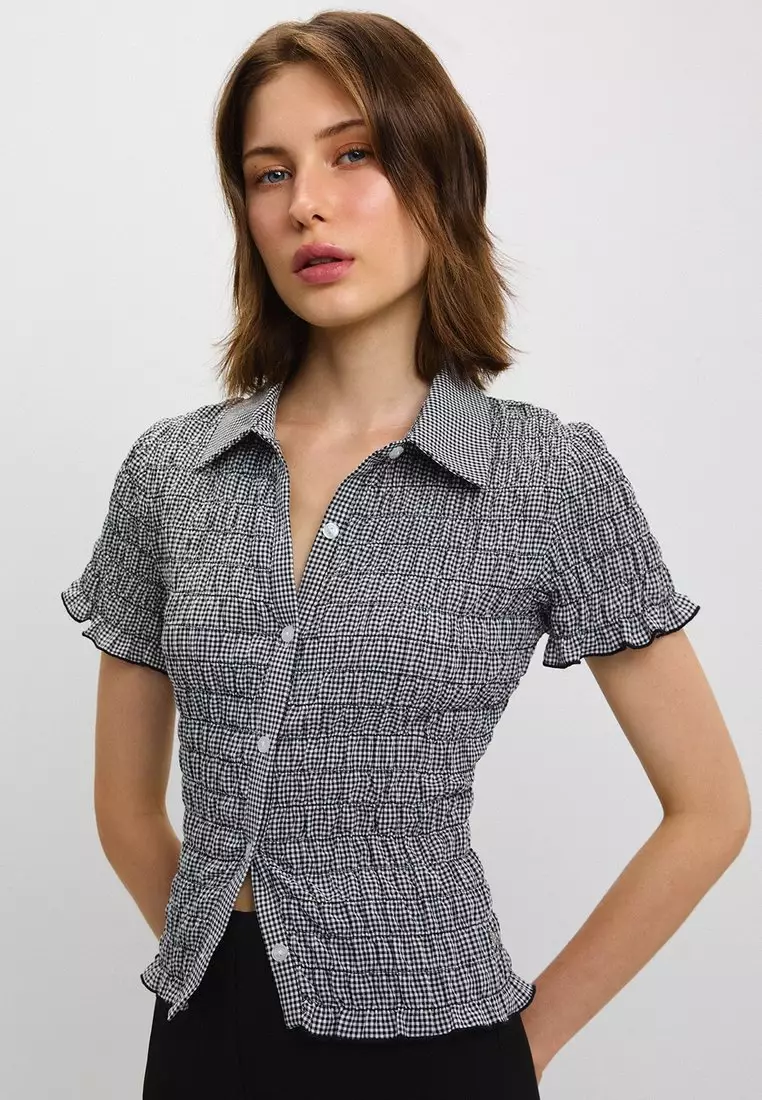 Gingham Shirred Blouse - Black