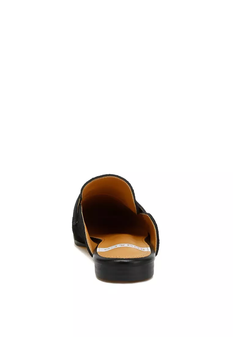 Rhinestone Strap Suede Mules in Black