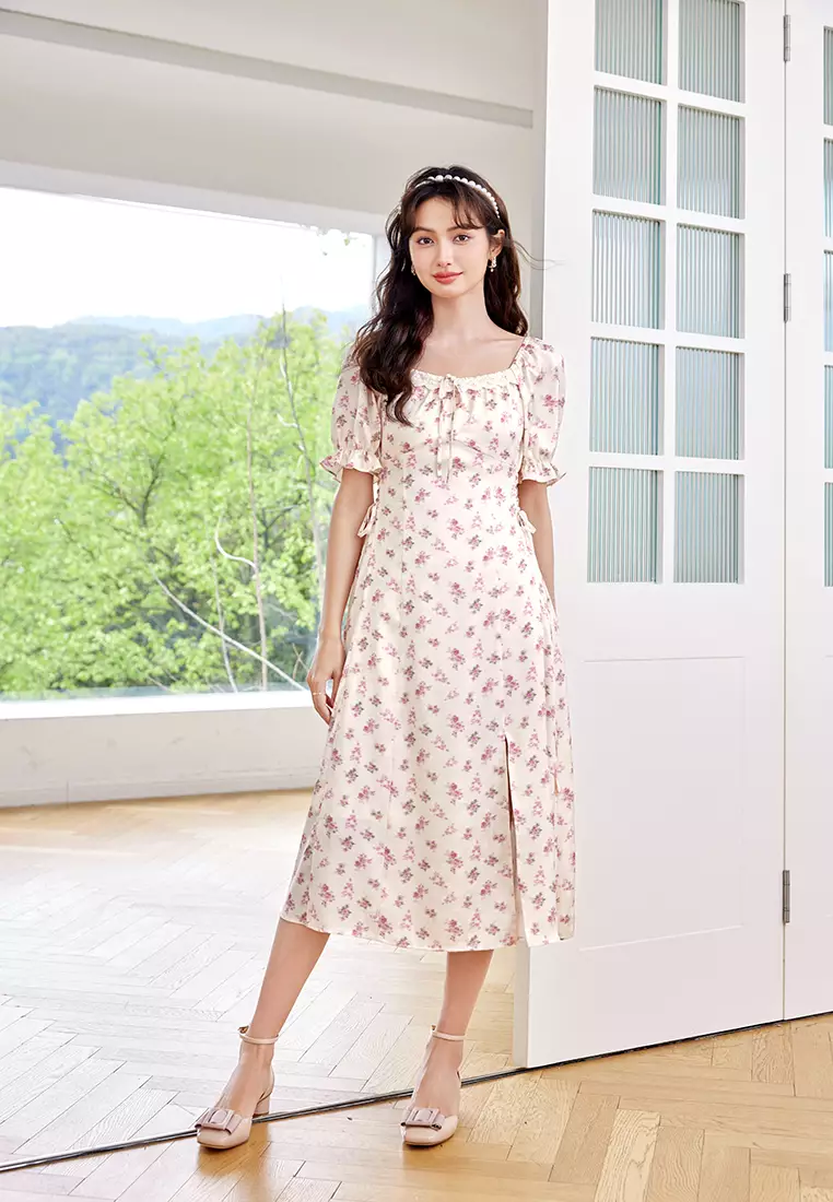 Puff Ruffled Sleeve Floral Midi Dress with Waist Tie