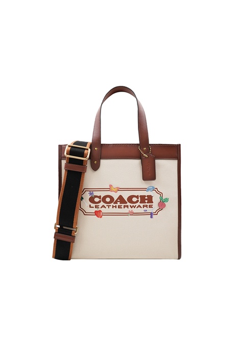 Coach COACH專櫃款女士30豎版帆布LOGO拼接小牛皮卡通刺繡單肩斜挎手提托特包