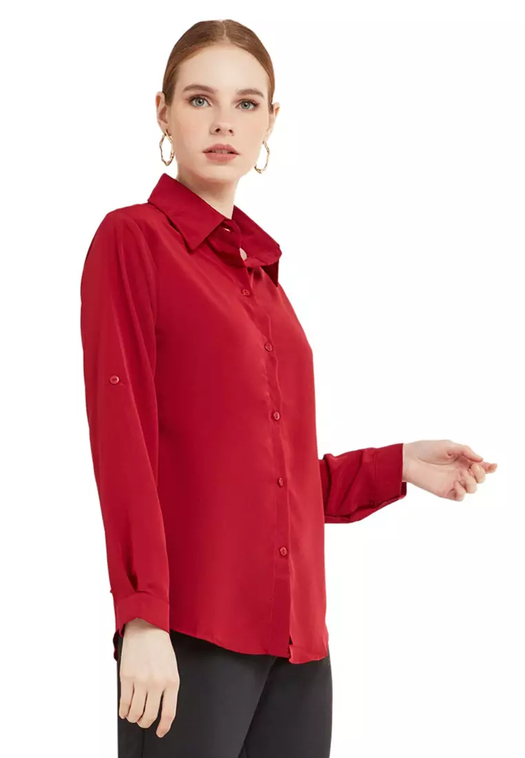 Kemeja Kerja Polos Plain Wanita Lengan Panjang Reguler Fit Premium Quality - Maroon