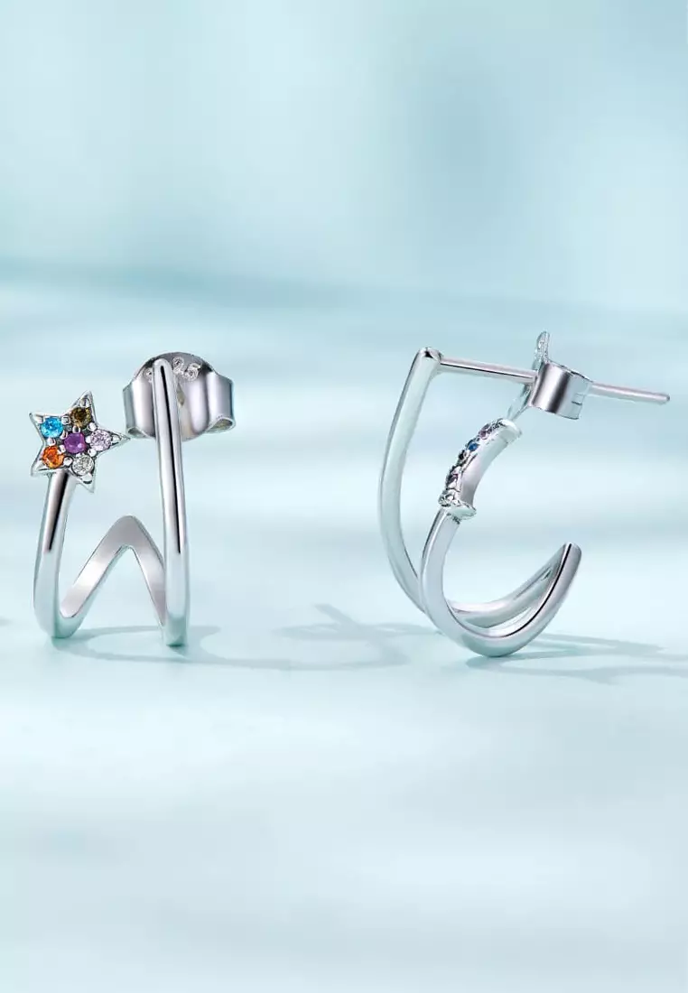 Solid Silver Moon Star Earrings