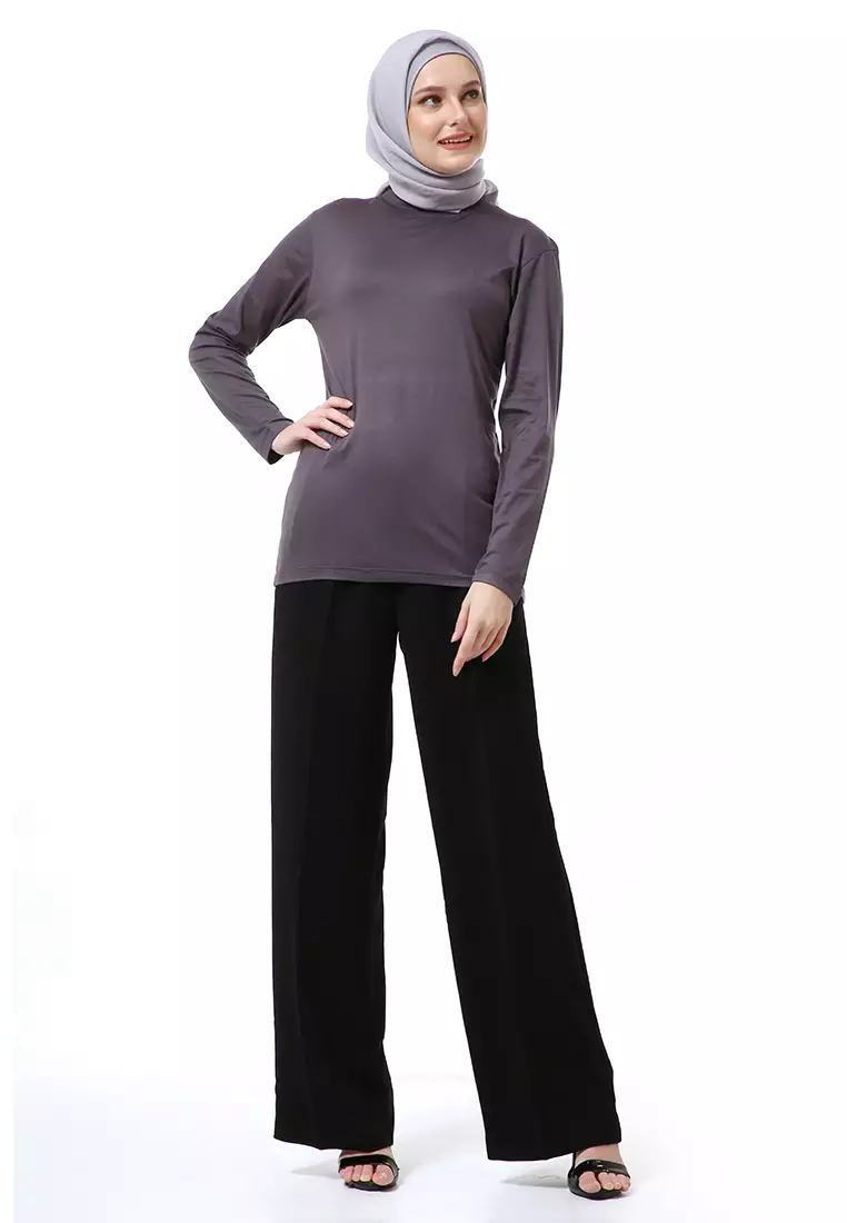 Zlora Manset Atasan Wanita Motif Polos Long Sleeve Reguler Fit - Dark Grey