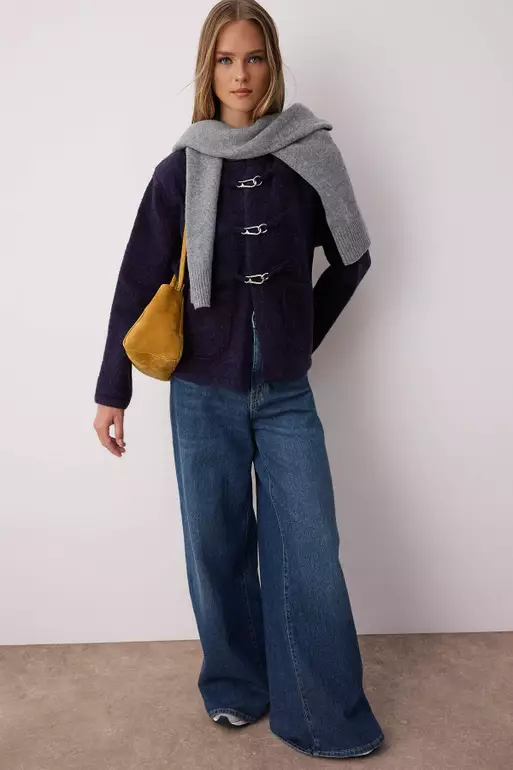 Navy Blue Belt Detailed Soft Textured Wide Fit Coat Look Knitwear Cardigan