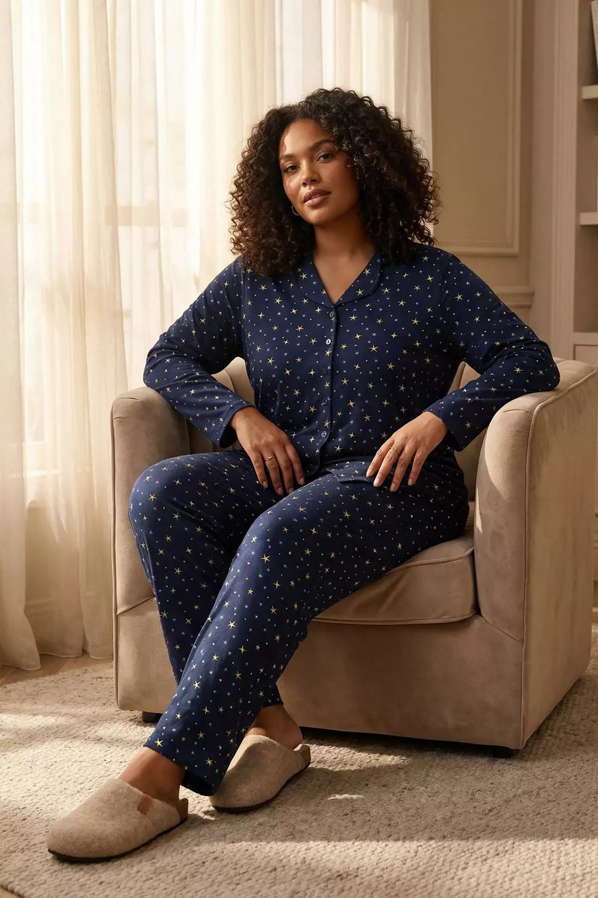 Navy Blue 100% Cotton Galaxy Pattern Shirt-Pants Knitted Pajamas Set Tbbaw26Ai00017