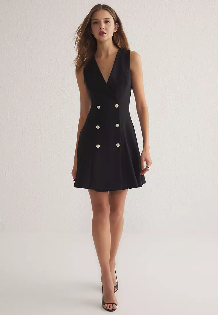 Black Buttoned Mini Woven Jacket Dress TWOSS25EL00117