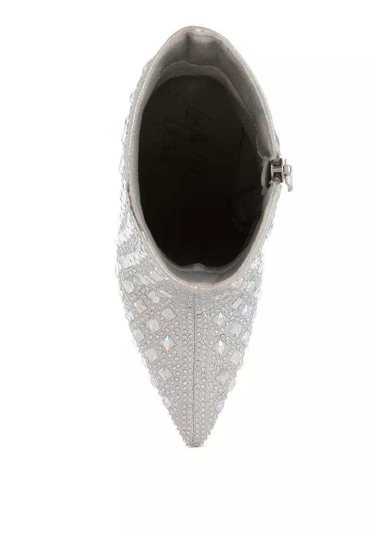 Pointed Toe Rhinestones Stiletto Boots in Silver