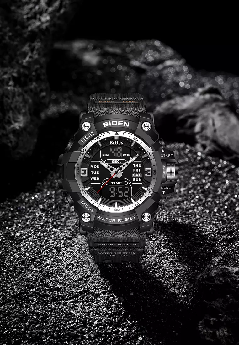 BIDEN Jam Tangan Pria Militer Tali Silikon Analog&Digital Display Jam Tangan Cowok BlackWhite