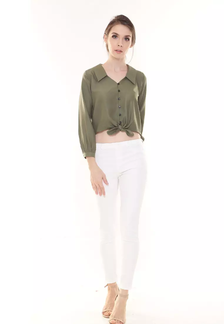 Evelyn Top Button Ribbon Tied up in Olive Green