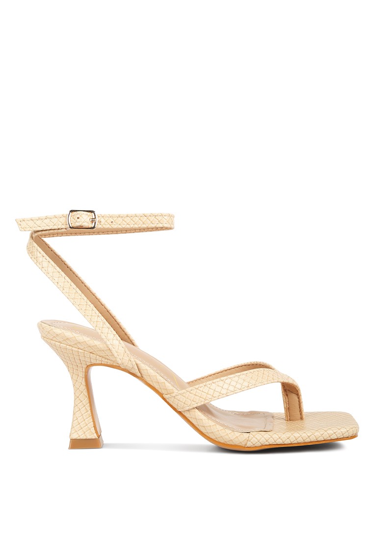 Beige Ankle Strap Spool Heel Thong Sandals
