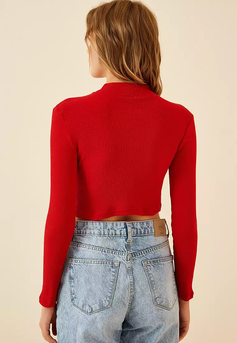 Ribbed High Neck Cropped Blouse