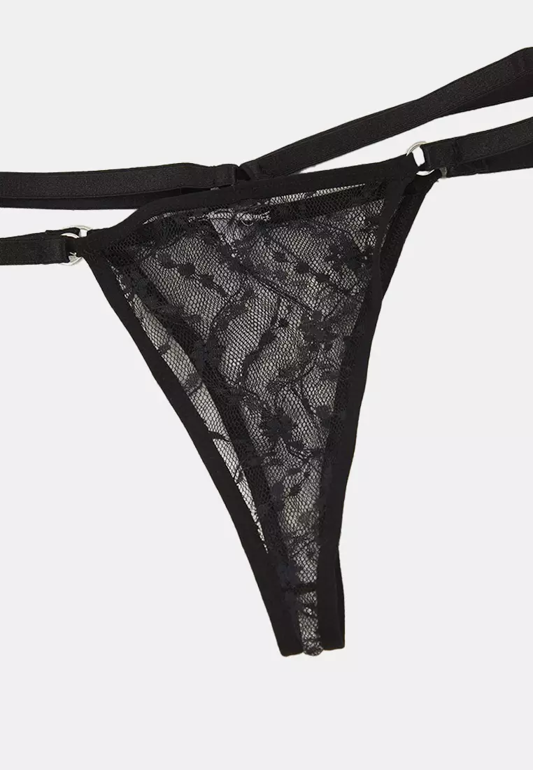 Black-Red 2-Pack Lace Elastic Floral Thong Knitted Panties