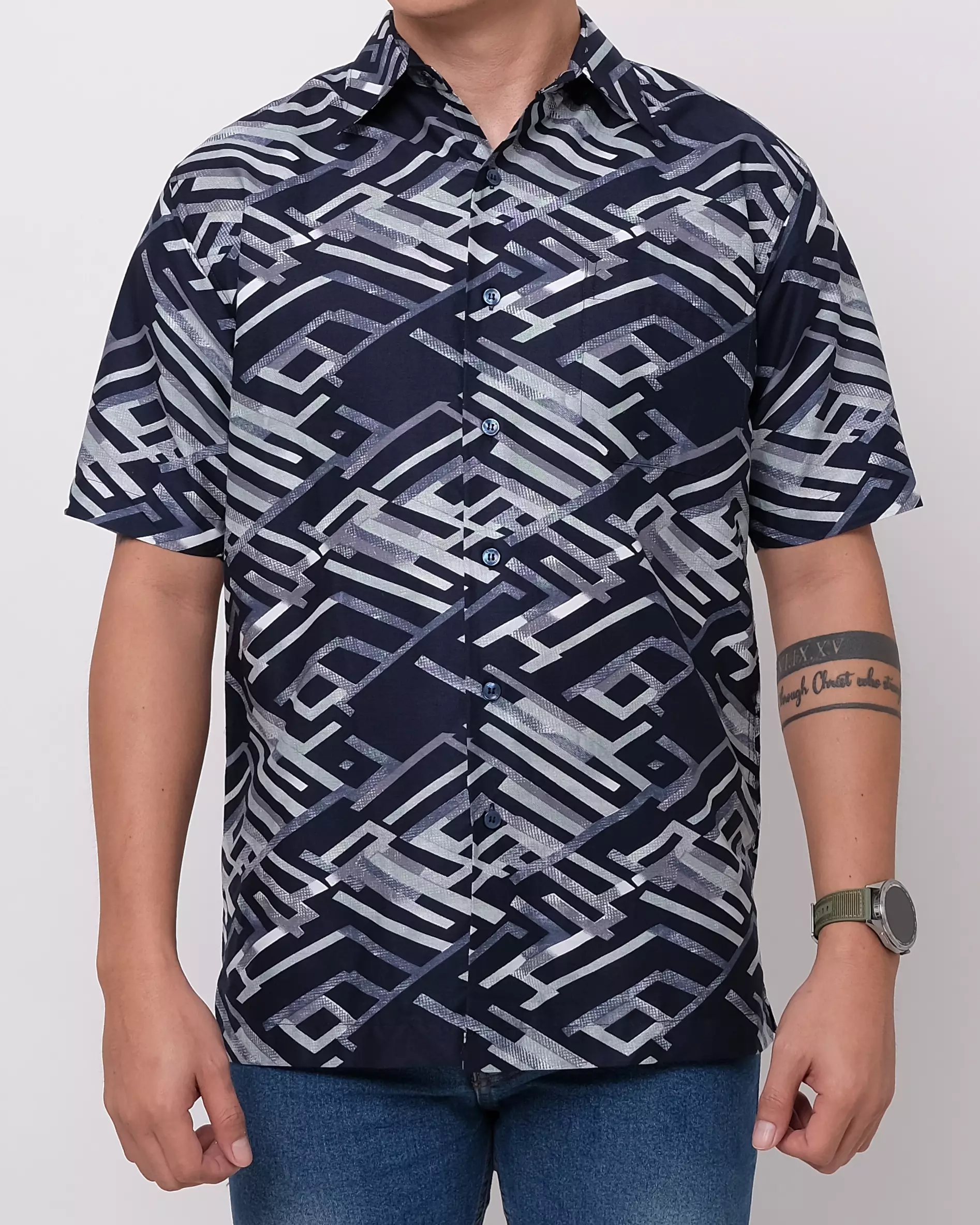 Andre Michel Kemeja Lengan Pendek Navy Motif Abu 16761