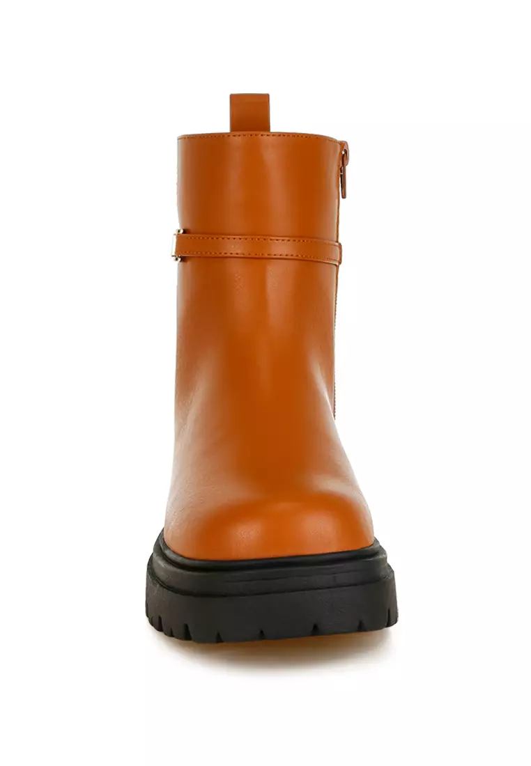 Buckle Belt Ankle Boots in Tan